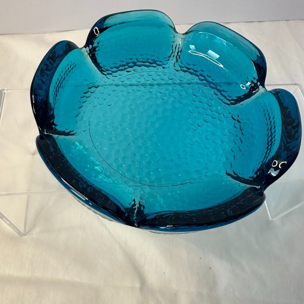 Vintage Blenko Blue Lotus Blossom Flower Shape with six petals Pebbled Art Glass